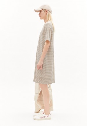 ARMEDANGELS CHAARA LOVELY STRIPES Jersey Dress Relaxed Fit made of Organic Cotton Sand Stone-oatmilk | 8694-MSLIK
