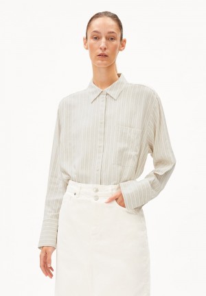 ARMEDANGELS EASSAAL LINO STRIPES Blouse Loose Fit made of Linen-Mix Oatmilk-light Matcha | 3291-FTPGQ