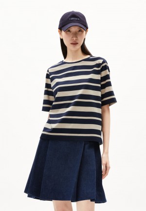 ARMEDANGELS FINIAA BLOCK STRIPES T-Shirt Loose Fit made of Organic Cotton Night Sky-sand Stone | 8745-RUDKC