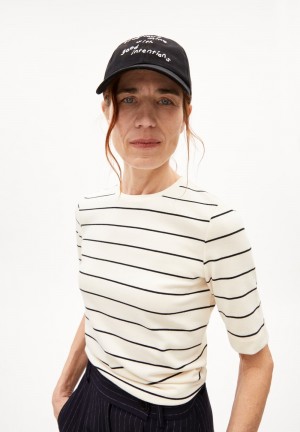 ARMEDANGELS JAANISARA FINE STRIPE T-Shirt Slim Fit made of Organic Cotton Mix Oatmilk-black | 6143-QDKMU