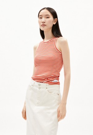 ARMEDANGELS KANITAA STRIPES Rib-Top Slim Fit made of Organic Cotton Mix Poppy Red-oatmilk | 2385-FQJPL