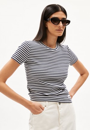 ARMEDANGELS KARDAA STRIPES Rib-T-Shirt Regular Fit made of Organic Cotton Mix Night Sky-white | 2601-KTSQP