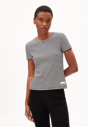 ARMEDANGELS KARDAA STRIPES Rib-T-Shirt Regular Fit made of Organic Cotton Mix Black-white | 5061-ZUMEO