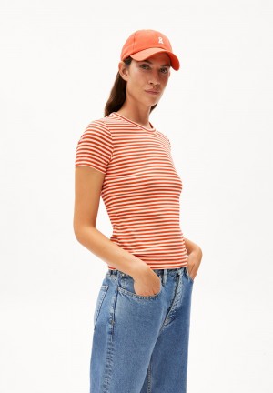 ARMEDANGELS KARDAA STRIPES Rib-T-Shirt Regular Fit made of Organic Cotton Mix Poppy Red-oatmilk | 0694-WYUMO