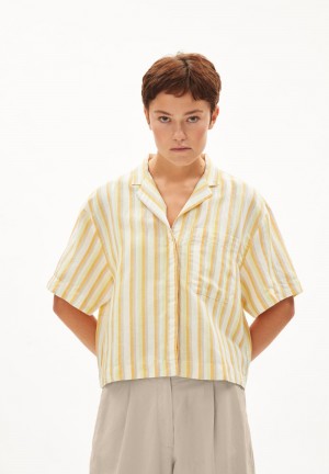 ARMEDANGELS LEAANNE STRIPED LINO Blouse Loose Fit made of Linen Mix Off White-mangorange | 8016-VAKMD