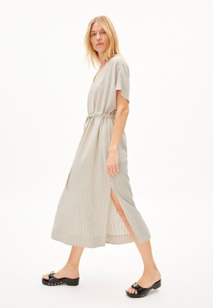 ARMEDANGELS MAAHALIANA LINO STRIPES Woven Dress Relaxed Fit made of Linen-Mix Oatmilk-light Matcha | 4069-JXFAE
