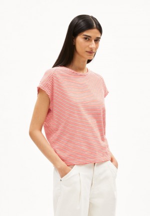 ARMEDANGELS ONELIAA LOVELY STRIPES T-Shirt Loose Fit made of Organic Cotton Poppy Red-oatmilk | 1720-SUHEY