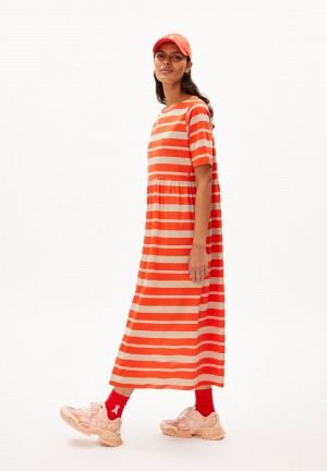 ARMEDANGELS TAAKYRA BLOCK STRIPES Jersey Dress Loose Fit made of Organic Cotton Poppy Red-sandstone | 5431-ODUFN